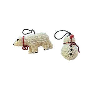 Set of 2 Pottery Barn Beaded Polar Bear & Snowman Christmas Ornaments 4" & 3"
